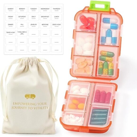 Travel Pill Organizer w Labels & 1 Drawstring Pouch (PEACH) / BRAND NEW SEALED. - Picture 1 of 8